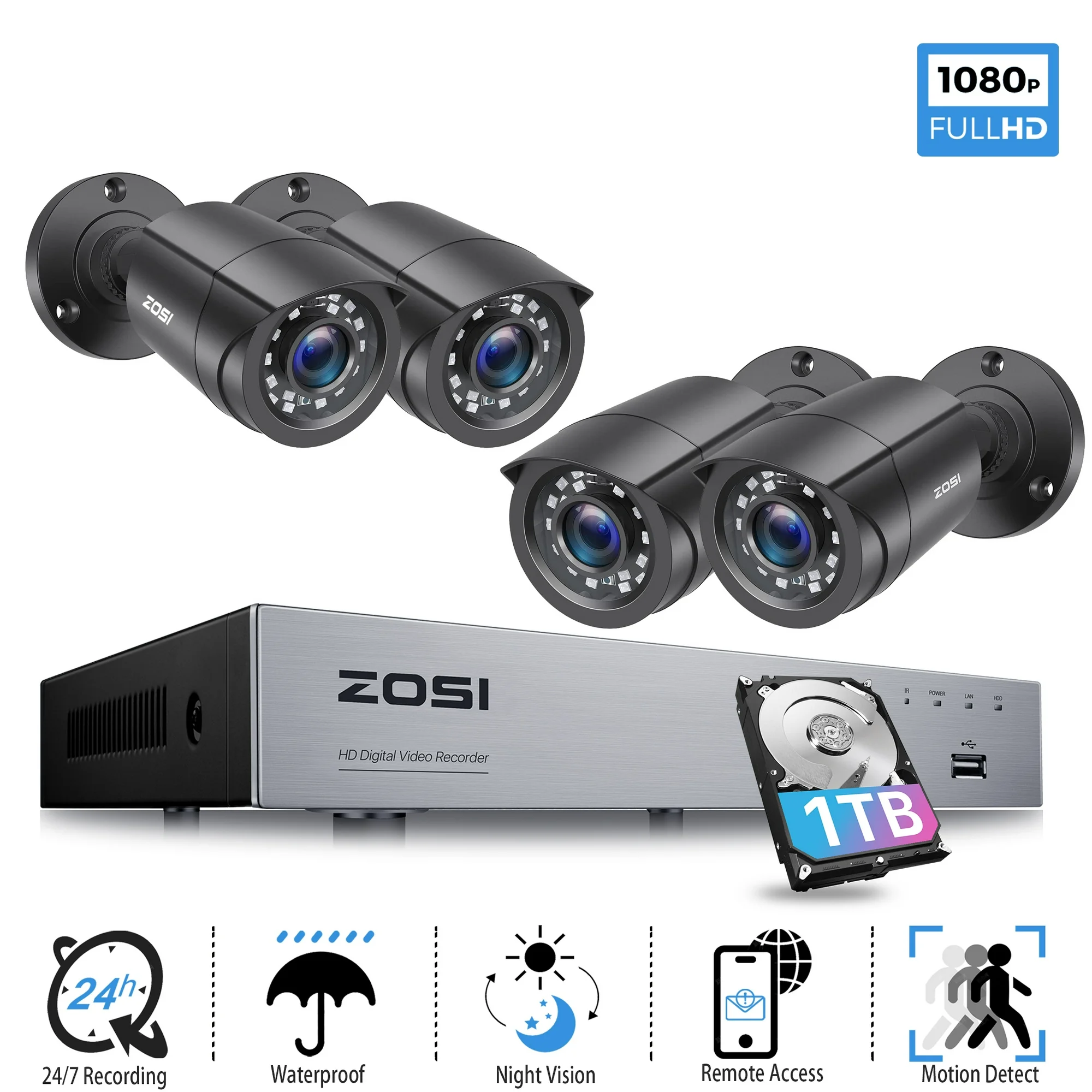 5MP Lite Security Camera System, ZOSI H.265+ 8CH DVR, 4pcs CCTV 1080P Security Camera Indoor