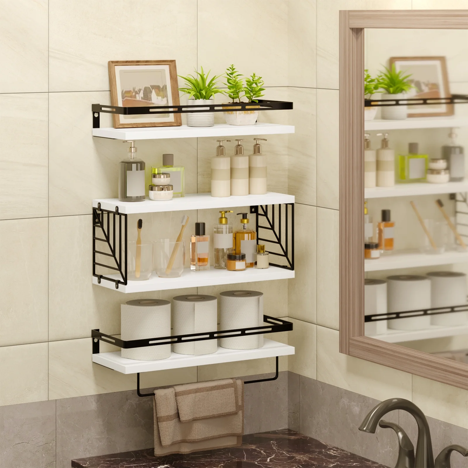 Fairy 4pcs Bathroom Floating Shelves Over Toilet, Wall Shelves with Towel Bar for Bathroom