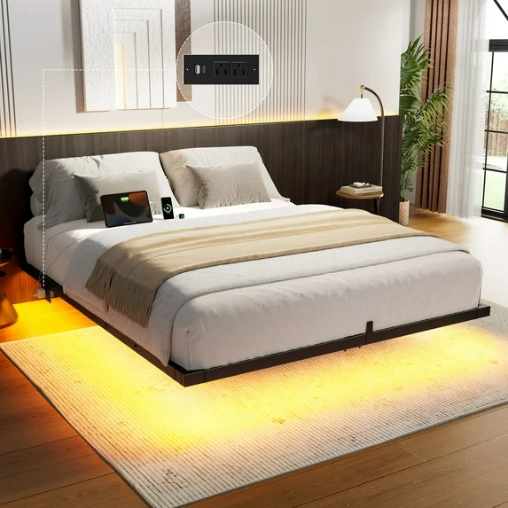 KOUSEI Floating Bed Frame Queen Size Metal Platform Bed with LED Lights
